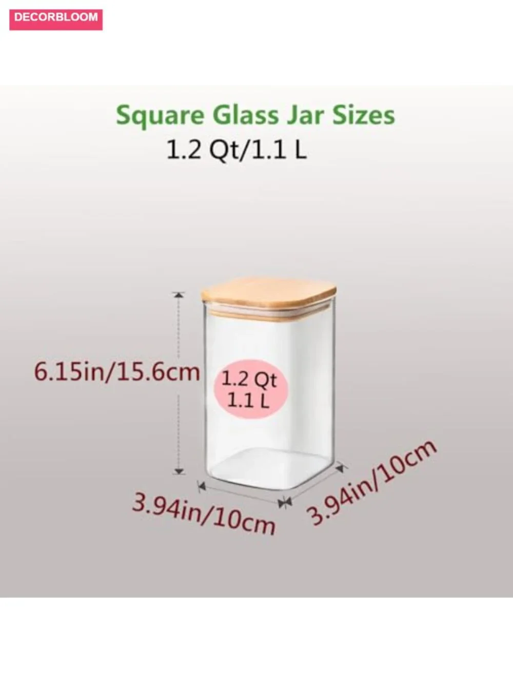 Airtight Glass Storage Canisters with Bamboo Lids, 4 Pack Square Jar for Kitchen